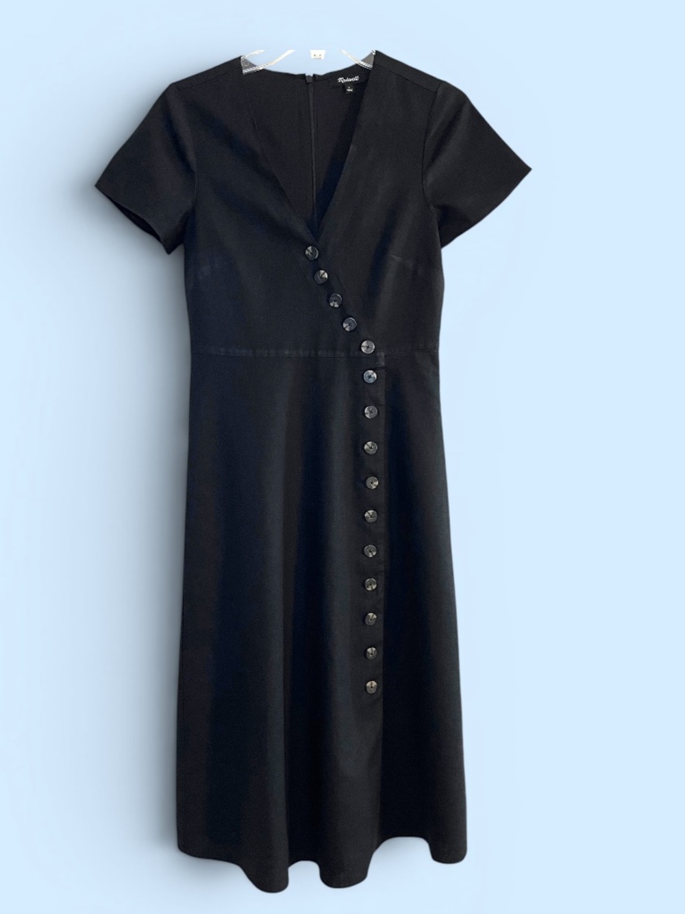 Madewell Black Linen Blend Midi Dress V Neck Asymmetrical Buttons Lined Size 0